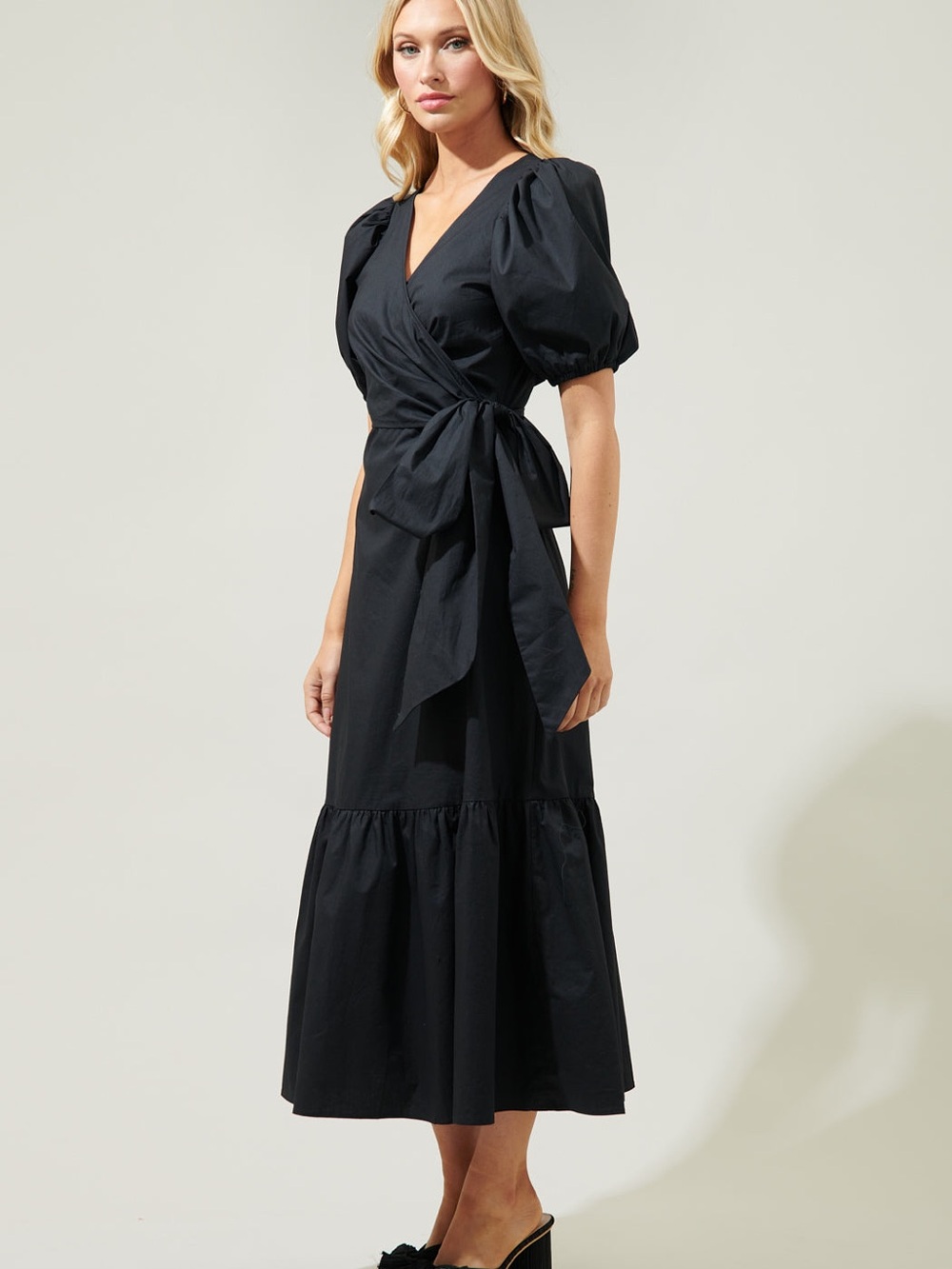 NWT Sugarlips Black Puff-Sleeve Wrap Midi Dress wilth Tie Waist